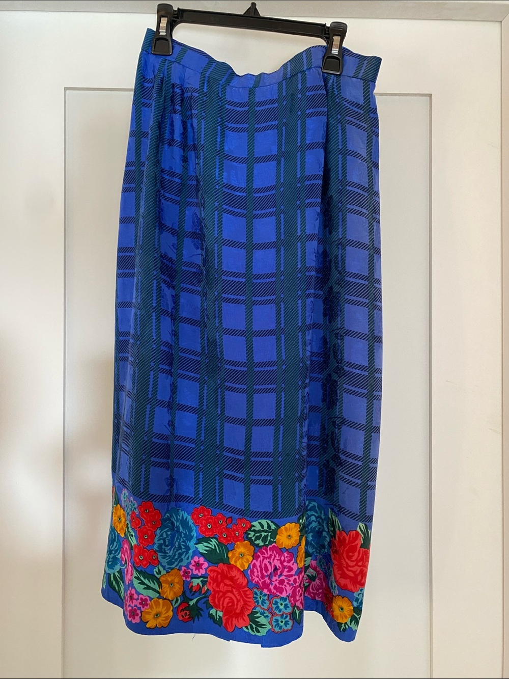 Vintage Silk Blue Plaid Midi Skirt with Floral Border